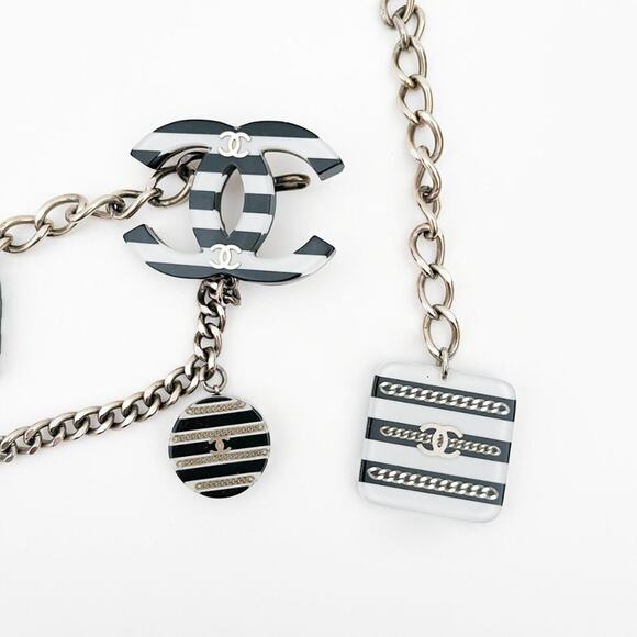 CHANEL 2005 CC Chain Belt Necklace Black and White Stripe Resin Charms Logo - Picture 6 of 16